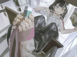 Rule 34 | 1girl, aspirine4832, barefoot, black hair, black pants, book, collared shirt, eraser, feet, foot focus, foreshortening, from below, grey eyes, highres, holding, holding with feet, indoors, long hair, looking at viewer, looking down, open mouth, pants, pen, qiao ling, sandals, shiguang dailiren, shirt, short sleeves, single sandal, sitting, solo, toe scrunch, toenails, toes