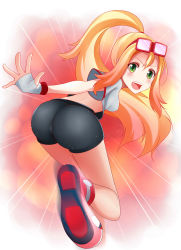 Rule 34 | 10s, 1girl, ass, bike shorts, blonde hair, blush, breasts, creatures (company), female focus, fingerless gloves, from behind, full body, game freak, gloves, goggles, goggles on head, green eyes, gym leader, high ponytail, hikari0910, korrina (pokemon), long hair, looking at viewer, nintendo, open mouth, pokemon, pokemon xy, shoes, sideboob, solo, two side up, very long hair