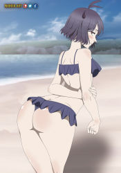 Rule 34 | 1girl, ass, back, beach, black clover, black hair, blush, breasts, closed mouth, highres, horns, mandio art, red eyes, secre swallowtail, short hair, small breasts, swimsuit, tagme