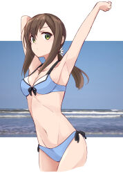 Rule 34 | 1girl, alternate costume, armpits, arms up, beach, bikini, black hair, blue bikini, blue sky, breasts, cleavage, cloud, collarbone, commentary request, front-tie bikini top, front-tie top, fubuki (kancolle), green eyes, groin, highres, horizon, kantai collection, long hair, looking at viewer, minosu, navel, ocean, ponytail, side-tie bikini bottom, sidelocks, sky, small breasts, solo, stretching, swimsuit