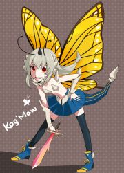 Rule 34 | 1girl, antennae, bug, butterfly, butterfly wings, hand on own hip, highres, horns, ilris, insect, insect wings, kog&#039;maw, league of legends, leaning forward, long hair, looking at viewer, open mouth, personification, red eyes, silver hair, single horn, solo, sword, tail, thighhighs, weapon, wings
