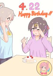 Rule 34 | 2girls, ;), absurdres, ahoge, black hair, blue hair, blush, brown eyes, cake, chair, clothes writing, clothing cutout, commentary, cut-in, dated, food, fork, fruit, grey hair, hair ornament, hair ribbon, hairclip, happy birthday, happyundergate, highres, hozuki kaede, long hair, long sleeves, multicolored hair, multiple girls, nose blush, one eye closed, onii-chan wa oshimai!, oyama mahiro, oyama mihari, pink hair, pink shirt, plate, purple hair, red ribbon, ribbon, rubbing eyes, shirt, shoulder cutout, siblings, side ponytail, simple background, sisters, smile, strawberry, table, tears, translated, two-tone hair, white background