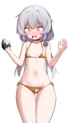 1boy absurdres bare_arms bikini black_choker black_gloves blush bow braid bulge choker gloves gold_bikini grey_hair hair_bow hands_up highres ikr_(artist) long_hair looking_down male_focus open_mouth partially_fingerless_gloves side-tie_bikini_bottom simple_background solo stomach swimsuit thigh_gap tongkkangi tongkkangi_(streamer) trap white_background yellow_eyes