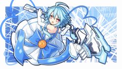 Rule 34 | 1girl, ahoge, bare shoulders, blue hair, blue ribbon, character name, dress, elbow gloves, gloves, highres, jewelry, looking at viewer, necklace, neptune (series), novus rue, open mouth, power symbol, power symbol-shaped pupils, red eyes, ribbon, sash, short hair with long locks, solo, symbol-shaped pupils, tiara, white dress, white gloves, white heart (neptunia)