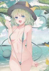 Rule 34 | 1girl, :d, absurdres, arm at side, bare shoulders, beach, bikini, black hat, blue eyes, blue sky, blush, bow, breasts, breasts apart, cameltoe, cloud, collarbone, covered erect nipples, cowboy shot, day, eyeball, eyelashes, gluteal fold, green eyes, green hair, hair between eyes, hand up, hat, hat bow, hat ribbon, heart, heart of string, highres, horizon, komeiji koishi, looking at viewer, medium breasts, micro bikini, mikoma sanagi, navel, non-web source, ocean, open mouth, outdoors, palm tree, ribbon, sand, scan, sideboob, sky, slingshot swimsuit, small breasts, smile, solo, standing, strap gap, swimsuit, thighs, third eye, touhou, tree, water, yellow bow, yellow ribbon