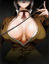 Rule 34 | 10s, 1girl, artist request, breasts, center opening, choker, cleavage, female focus, head out of frame, huge breasts, lips, no bra, official art, open clothes, open shirt, prison school, ribbon choker, school uniform, shiraki meiko, shirt, silver hair, simple background, solo, unbuttoned