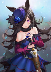 Rule 34 | 1girl, animal ears, bare shoulders, black hair, blue dress, blue flower, blue hat, blue rose, breasts, closed mouth, dagger, dress, flower, hair over one eye, hands up, hat, hat flower, highres, holding, holding dagger, holding knife, holding weapon, horse ears, horse girl, horse tail, knife, long sleeves, looking at viewer, off-shoulder dress, off shoulder, pleated dress, purple eyes, rice shower (umamusume), rose, shiao, sleeves past wrists, small breasts, solo, tail, tilted headwear, umamusume, weapon, wide sleeves