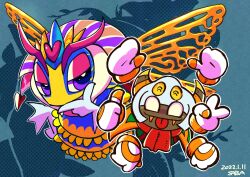 Rule 34 | 1boy, 1girl, antennae, blue background, commentary request, dated, disembodied hand, extra arms, eyeshadow, fangs, gloves, hand on own chin, heart, horns, insect wings, kirby: triple deluxe, kirby (series), makeup, nintendo, purple eyes, queen sectonia, rayman limbs, saba hokke, signature, taranza, tongue, tongue out, v, white gloves, wings