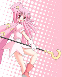 Rule 34 | 1girl, :d, bad id, bad pixiv id, benesse, blush, boots, cape, fang, hat, hatena yousei, magical girl, mikage01, open mouth, pink eyes, pink footwear, pink hair, pink hat, smile, solo, staff