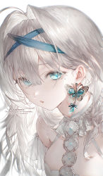 Rule 34 | 1girl, :o, absurdres, ahoge, bare shoulders, blue eyes, blue hairband, breasts, butterfly earrings, earrings, grey hair, hair intakes, hairband, highres, jewelry, large breasts, long hair, looking at viewer, mole, mole under eye, original, parted lips, simple background, solo, upper body, white background, yunikon