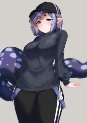 Rule 34 | 1girl, absurdres, black pants, black sweater, commission, commissioner upload, dela (teuthidan), grey eyes, grey hair, hat, highres, lizard tail, looking at viewer, niniidawns, original, pants, pointy ears, sweater, tail, thick thighs, thighs