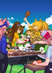 Rule 34 | 5girls, ;d, animal ears, baseball cap, black pants, blue eyes, blue sweater, breasts, brown hair, cooking, cup, dixie cup hat, domino mask, drinking glass, ears through headwear, el condor pasa (umamusume), grill, grilling, hair between eyes, hair ornament, hat, highres, holding, holding cup, holding plate, holding tongs, horse ears, horse girl, horse tail, knife, large breasts, light brown hair, long hair, looking at viewer, mask, medium hair, military hat, montjeu (umamusume), multiple girls, one eye closed, open mouth, pants, pink hair, plate, polo shirt, ponytail, ribbed sweater, satake mei, shirt, short hair, smile, star (symbol), star hair ornament, sweater, t-shirt, table, taiki shuttle (umamusume), tail, tongs, umaguti, umamusume, venus paques (umamusume), white headwear, wine glass, yellow shirt
