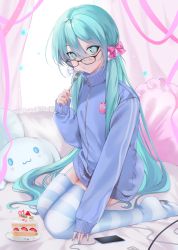 Rule 34 | 1girl, alternate costume, alternate hairstyle, aqua eyes, aqua hair, bespectacled, black-framed eyewear, bow, cake, food, fork, garter straps, glasses, green eyes, green hair, green thighhighs, hair between eyes, hair bow, hair ornament, hatsune miku, highres, holding, holding fork, long hair, long sleeves, looking at viewer, nail polish, no shoes, ompf, phone, pillow, pink bow, plate, seiza, sitting, sleeves past wrists, solo, strawberry shortcake, striped clothes, striped thighhighs, stuffed toy, thighhighs, twintails, very long hair, vocaloid, white thighhighs