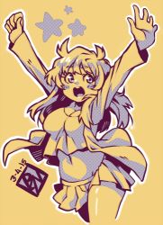 Rule 34 | 1girl, arms up, babydoll t-shirt, blush stickers, breasts, cleavage, cowboy shot, dated, jacket, long hair, lowres, monochrome, navel, open mouth, original, outline, poch4n, skirt, solo, star (symbol), yellow background, yellow theme