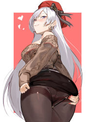 Rule 34 | 1girl, ass, asymmetrical bangs, azur lane, belfast (azur lane), belfast (shopping with the head maid) (azur lane), black pantyhose, blush, border, food, from below, gluteal fold, grey hair, hat, highres, kare huang, long hair, midriff, nail polish, outside border, panties, panties under pantyhose, pantyhose, pocky, pocky kiss, purple eyes, red background, shared food, smile, solo, sweater, thighband pantyhose, thighs, underwear, very long hair, white border