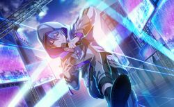 Rule 34 | 1boy, aoyagi touya, blue hair, cloud, colorful palette, dark blue hair, grey eyes, hair between eyes, highres, holding, holding microphone, hood, hood up, itsuka senaka awase no lyric wo (project sekai), itsuka senaka awase no lyric wo (project sekai), long sleeves, looking at viewer, male focus, microphone, mole, mole under eye, multicolored hair, official art, outdoors, project sekai, solo, split-color hair, stage lights, teeth, third-party source, two-tone hair, zipper, zipper pull tab