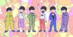 Rule 34 | 10s, 6+boys, alternate costume, bad id, bad twitter id, black hair, brothers, clothes around waist, hand on own hip, hands in pockets, hands on own hips, high collar, highres, jacket, jacket around waist, jumpsuit, long sleeves, male focus, matsuno choromatsu, matsuno ichimatsu, matsuno jyushimatsu, matsuno karamatsu, matsuno osomatsu, matsuno todomatsu, multicolored background, multiple boys, open clothes, osomatsu-kun, osomatsu-san, osomatsu (series), pants, red pants, sextuplets, siblings, waving