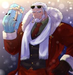 Rule 34 | 1boy, aegir (housamo), alternate costume, anchor earrings, aqua hair, bara, beard, black vest, blue eyes, blush, brown gloves, christmas, collared shirt, earrings, eyewear on head, facial hair, fins, fur-trimmed jacket, fur trim, gift, gloves, green shirt, hand on own hip, highres, hiota (kuhi 0301), holding, holding gift, jacket, jewelry, male focus, multicolored hair, muscular, necktie, open clothes, open jacket, pants, pectorals, red jacket, red necktie, red pants, santa costume, scarf, shirt, short hair, single earring, snowing, solo, streaked hair, thick eyebrows, tokyo houkago summoners, upper body, vest, white hair, white scarf