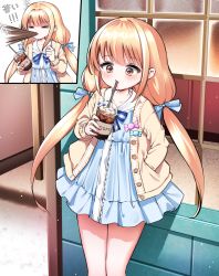 Rule 34 | 1girl, blonde hair, blue bow, blue dress, blush, bow, bowtie, cardigan, closed eyes, coffee, collar, color request, commentary request, cup, dress, drinking, drinking straw, drinking straw in mouth, frilled collar, frills, futaba anzu, hair bow, hand in pocket, highres, holding, holding cup, ice, idolmaster, idolmaster cinderella girls, ine (ineinnen), long hair, low twintails, multiple views, neckerchief, pleated dress, sailor collar, sailor dress, sidelocks, spit take, spitting, standing, translation request, twintails, white dress
