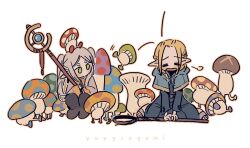 Rule 34 | 2girls, artist request, blonde hair, blue robe, capelet, chibi, closed eyes, crossover, dungeon meshi, elf, frieren, green eyes, highres, holding, holding staff, long hair, mage staff, marcille donato, multiple girls, mushroom, parted bangs, pointy ears, robe, sousou no frieren, staff, twintails, twitter username, white capelet