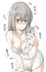 Rule 34 | 1girl, blue eyes, blush, breasts, cellphone, cleavage, collarbone, elf (stroll in the woods), girls und panzer, grey hair, highres, holding, holding phone, itsumi erika, long hair, looking at viewer, medium breasts, nightgown, phone, simple background, solo, white background
