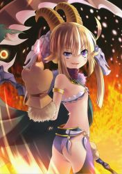 Rule 34 | 1girl, animal ears, animal hands, ass, back, baphomet, baphomet (monster girl encyclopedia), bare shoulders, breasts, brown hair, cape, child, fang, fire, flat ass, flat chest, hair ornament, horns, jiji (381134808), looking back, middle finger, monster girl, monster girl encyclopedia, petite, purple eyes, raised eyebrow, scythe, skull, skull hair ornament, small breasts, smile, smirk, solo, uneven eyes, weapon