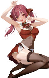 1girl absurdres armpits arms_up bare_arms bare_shoulders bodysuit breasts brown_bodysuit brown_thighhighs buttons cleavage covered_navel crop_top cropped_vest hair_ribbon heterochromia highres hololive hongcasso houshou_marine houshou_marine_(1st_costume) large_breasts long_hair looking_at_viewer midriff miniskirt no_shoes open_mouth panties pleated_skirt red_eyes red_hair red_panties red_skirt red_vest ribbon see-through_cleavage see-through_clothes simple_background sitting skirt sleeveless smile solo thighhighs thighs twintails underwear vest white_background yellow_eyes