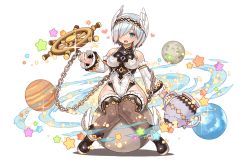 Rule 34 | 1girl, blue eyes, broken, chain, detached sleeves, full body, fullbokko heroes, hair over one eye, hairband, holding, jar, official art, open mouth, planet, shigatake, ship&#039;s wheel, shoes, short hair, sitting, solo, star (symbol), star print, thighhighs, transparent background, white hair, winged footwear, wings