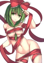 Rule 34 | 1girl, arm ribbon, between breasts, bow, breasts, contrapposto, convenient censoring, cowboy shot, frills, front ponytail, green eyes, green hair, groin, hair between breasts, hair bow, hair ribbon, janne cherry, kagiyama hina, looking at viewer, matching hair/eyes, md5 mismatch, medium breasts, naked ribbon, navel, nude, parted lips, red ribbon, resolution mismatch, ribbon, simple background, skindentation, solo, source larger, standing, thighs, touhou, underboob, white background
