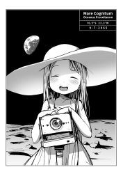 Rule 34 | 1girl, :d, absurdres, blush, border, camera, child, coordinates, dress, earth (planet), closed eyes, facing viewer, greyscale, hat, highres, long hair, masuda (yousaytwosin), monochrome, moon, open mouth, original, planet, smile, solo, space, standing, sun hat, sundress, white border