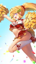 Rule 34 | 1girl, :d, arm up, blonde hair, blush, breasts, cheerleader, choker, confetti, crop top, female focus, hair intakes, hair ornament, hairclip, highres, miniskirt, mitake eil, open mouth, original, pleated skirt, pom pom (cheerleading), ponytail, purple eyes, red skirt, shoes, skirt, smile, socks, solo, standing, standing on one leg, underboob