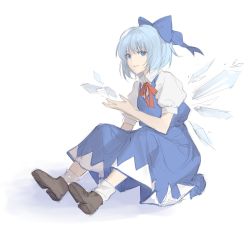 Rule 34 | 1girl, blue dress, blue eyes, blue hair, bow, brown footwear, cirno, collared shirt, commentary request, dress, from side, hair bow, hand up, highres, ice, ice wings, invisible chair, looking at viewer, neck ribbon, puffy short sleeves, puffy sleeves, red ribbon, ribbon, shirt, shoes, short hair, short sleeves, sitting, smile, socks, solo, tanu0706, teeth, touhou, wings