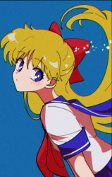 Rule 34 | absurdres, aino minako, ascot, bishoujo senshi sailor moon, blonde hair, blue background, blue eyes, blue skirt, bow, closed mouth, expressionless, from side, hair bow, highres, long hair, looking to the side, nzeneee, pleated skirt, red ascot, red bow, school uniform, serafuku, shirt, short sleeves, simple background, skirt, upper body, white shirt
