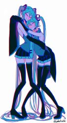 Rule 34 | 2girls, absurdly long hair, black footwear, black skirt, blue eyes, blue hair, blue necktie, blush, boots, collared shirt, commentary, detached sleeves, didi (galacticdidi), english commentary, grey shirt, hatsune miku, highres, hug, long hair, looking at viewer, multiple girls, necktie, shirt, skirt, sleeveless, sleeveless shirt, sleeves past fingers, sleeves past wrists, smile, standing, thigh boots, thighhighs, twintails, twitter username, very long hair, vocaloid, white background