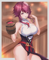 Rule 34 | 1girl, absurdres, armpits, ass, bar (place), beer mug, blurry, blurry background, blush, breasts, cup, curvy, drink, genshin impact, halterneck, hand up, highres, holding, holding cup, large breasts, legsta, looking at viewer, mug, multicolored hair, open mouth, panties, purple eyes, purple hair, red hair, rosaria (genshin impact), shirt, short hair with long locks, side slit, sideboob, skirt, sleeveless, sleeveless shirt, smile, solo, streaked hair, underbust, underwear