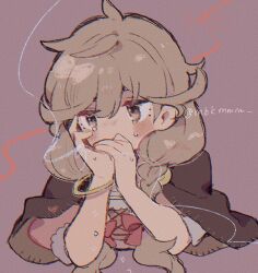 Rule 34 | 1girl, brown cape, brown eyes, brown hair, cape, covered mouth, crying, crying with eyes open, dress, faye (fire emblem), fire emblem, fire emblem echoes: shadows of valentia, hair between eyes, highres, long hair, looking down, mbkmmm, nintendo, short sleeves, solo, tears, twitter username, upper body
