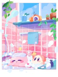 Rule 34 | :3, arm up, artist name, bath, bathtub, blue eyes, blush, blush stickers, border, bottle, brown eyes, bubble, bubble bath, closed eyes, closed mouth, flower pot, highres, holding, indoors, kirby, kirby (series), loofah, nintendo, no humans, omame sakana, one-eyed, outside border, plant, potted plant, rubber duck, shampoo bottle, shower head, smile, soap bubbles, stactus, steam, tile wall, tiles, towel, towel on head, towel rack, twitter username, vase, vines, waddle dee, waddle doo, water, white border, window, windowsill