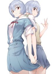 Rule 34 | 2girls, ayanami rei, back-to-back, blue hair, blue skirt, blush, breasts, closed mouth, commentary, from below, hamita1220, hand up, highres, interlocked fingers, looking at viewer, looking down, multiple girls, neck ribbon, neon genesis evangelion, pleated skirt, red eyes, red ribbon, ribbon, school uniform, shirt, short hair, short sleeves, simple background, skirt, small breasts, smile, tokyo-3 middle school uniform, w, white background, white shirt