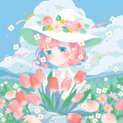 Rule 34 | 1girl, blue eyes, cloud, cloudy sky, fantasy, flower, grass, hat, highres, hill, hiro046k, holding, holding flower, looking at viewer, original, outdoors, pink hair, ribbon, short hair, sky, solo, tulip, white hair, witch, witch hat