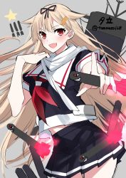 Rule 34 | 1girl, black skirt, blonde hair, blush, character name, fang, grey background, hair flaps, hair ornament, hair ribbon, hairclip, highres, holding, holding torpedo, ichimonme (ichi), kantai collection, long hair, neckerchief, one-hour drawing challenge, open mouth, pleated skirt, red eyes, red neckerchief, ribbon, sailor collar, scarf, school uniform, serafuku, short sleeves, simple background, skin fang, skirt, solo, star (symbol), torpedo, twitter username, white sailor collar, white scarf, yuudachi (kancolle)