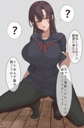 Rule 34 | 1girl, :o, ?, absurdres, blush, breasts, heart, heart-shaped pupils, highres, large breasts, open mouth, original, pantyhose, ryu insect, sailor collar, school uniform, serafuku, shirt, skirt, solo, speech bubble, spoken question mark, squatting, symbol-shaped pupils, translation request
