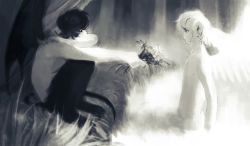 Rule 34 | 2boys, angel wings, asuka ryou, backlighting, bad id, bad pixiv id, bouquet, covered mouth, covering own mouth, demon boy, demon wings, devilman, faux traditional media, flower, from side, fudou akira, looking at another, monochrome, multiple boys, nipples, outstretched arm, partially submerged, pugtrai, shy, sitting, wings, yaoi