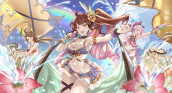 Rule 34 | 5girls, bikini, breasts, brown hair, canna (granblue fantasy), commentary request, commission, diantha (granblue fantasy), diola (granblue fantasy), flower, granblue fantasy, hair flower, hair ornament, harie (granblue fantasy), hat, highres, linaria (granblue fantasy), microphone, multiple girls, open mouth, pink hair, pixiv commission, rainbow, signature, sky, standing, swimsuit, water, water gun, zrame