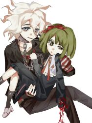 Rule 34 | 1boy, 1girl, age difference, black dress, black footwear, black pants, black socks, blood, blood on clothes, blood on hands, blue eyes, bow, carrying, carrying person, collarbone, danganronpa (series), danganronpa another episode: ultra despair girls, dress, eyebrows, green eyes, green hair, green stripe, hair between eyes, hair bow, hair ribbon, hairband, headband, highres, holding person, komaeda nagito, long hair, mary janes, matching hair/eyes, messy hair, open mouth, pants, red bow, red hairband, red headband, red headwear, red ribbon, red stripes, ribbon, servant (danganronpa), severed hand, severed limb, shirt, shoes, simple background, socks, striped clothes, striped shirt, towa monaca, white background, white footwear, white hair