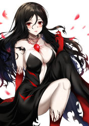 Rule 34 | 1girl, absurdres, arm support, bare shoulders, between breasts, black dress, black hair, blush, breasts, chain, collarbone, corruption, counter:side, deogho (liujinzy9854), dress, hair between eyes, highres, large breasts, looking at viewer, ministra, pale skin, petals, red eyes, solo, strapless, strapless dress