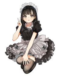 Rule 34 | 1girl, absurdres, apron, black dress, blunt bangs, blush, bow, breasts, brown eyes, brown hair, brown thighhighs, collarbone, dress, frilled apron, frilled dress, frills, full body, hand up, highres, kneeling, long hair, looking at viewer, maid, maid headdress, maple (abc2215), nail polish, original, parted lips, plaid, plaid bow, plaid dress, puffy short sleeves, puffy sleeves, red nails, short sleeves, simple background, small breasts, solo, tears, thighhighs, v, waist apron, white apron, white background