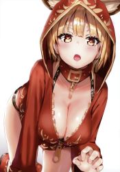 Rule 34 | 1girl, :o, absurdres, all fours, animal ears, blonde hair, blush, breasts, brown eyes, chain, claw pose, cleavage, collar, collarbone, gradient background, highres, hood, hooded jacket, jacket, large breasts, lips, long sleeves, looking at viewer, open mouth, original, paw pose, red jacket, reinama, scan, shiny skin, short hair, simple background, sleeves past wrists, solo, thighs, zipper, zipper pull tab