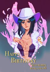Rule 34 | 1girl, 2024, black hair, blue eyes, blue hair, breasts, character name, closed mouth, coat, cowboy hat, cowboy shot, crop top, cross-laced clothes, cross-laced top, dated, disembodied hand, extra arms, fur-trimmed coat, fur trim, hana hana no mi, happy birthday, hat, highres, looking to the side, medium hair, nico robin, nico robin (alabasta), one piece, petals, purple shirt, shirt, solo, white coat, yoki (ricardo blue73)