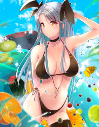 Rule 34 | 1girl, azur lane, bikini, black bikini, breasts, cleavage, commentary, commentary request, covered erect nipples, dermar, food, fruit, hair ribbon, highres, kiwi (fruit), kiwi slice, large breasts, long hair, looking at viewer, mole, mole on breast, orange (fruit), pineapple, prinz eugen (azur lane), prinz eugen (unfading smile) (azur lane), ribbon, silver hair, solo, summer, swimsuit, thigh strap