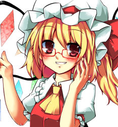 Rule 34 | 1girl, ascot, bad id, bad pixiv id, bespectacled, blonde hair, blush, female focus, flandre scarlet, glasses, grin, harii, harry (namayake), hat, red-framed eyewear, red eyes, short hair, side ponytail, simple background, smile, solo, touhou, upper body, white background, wings, xietong win